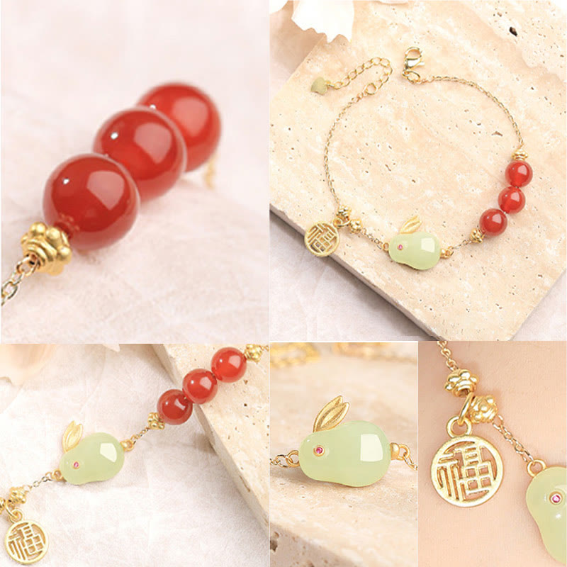 Buddha Stones Red Agate Beaded Hetian Jade Rabbit Fu Character Luck Buckle Chain Bracelet