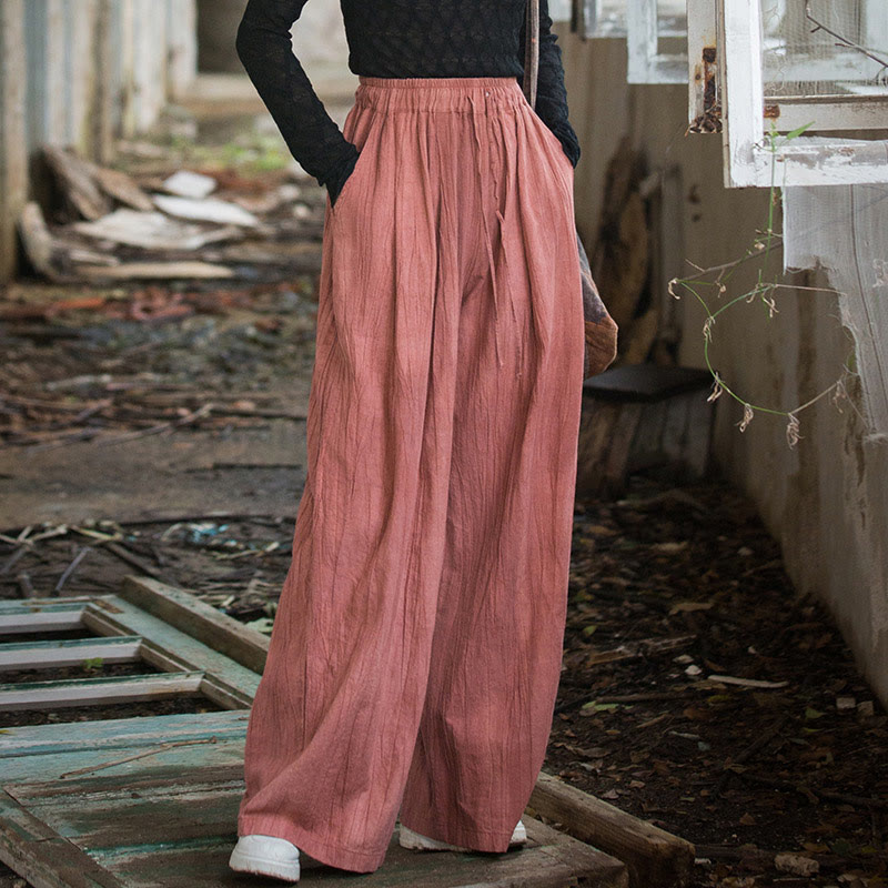 Buddha Stones Casual Plain Loose Handmade Tie-Dye Women's Ramie Cotton Wide Leg Pants With Pockets - Salmon - US4-6，UK/AU8-10，EU36-38 (F) - image 8