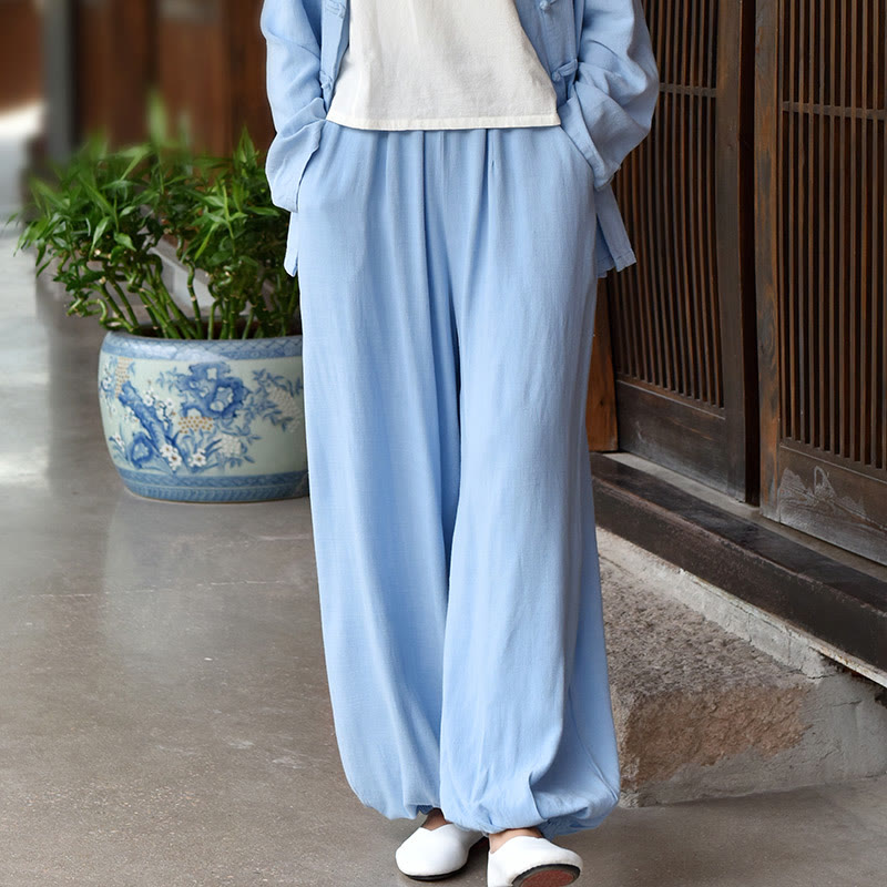 Buddha Stones Casual Plain Loose Women's Linen Pants With Pockets