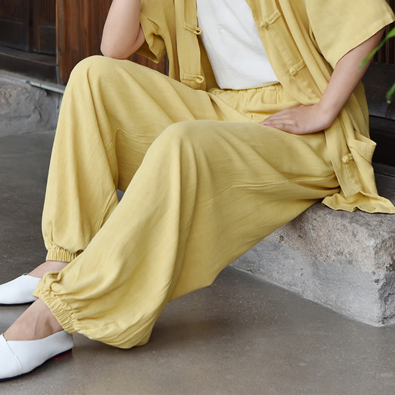 Buddha Stones Casual Plain Loose Women's Linen Pants With Pockets