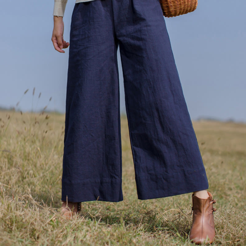 Buddha Stones Casual Plain Loose Women's Ramie Wide Leg Pants With Pockets