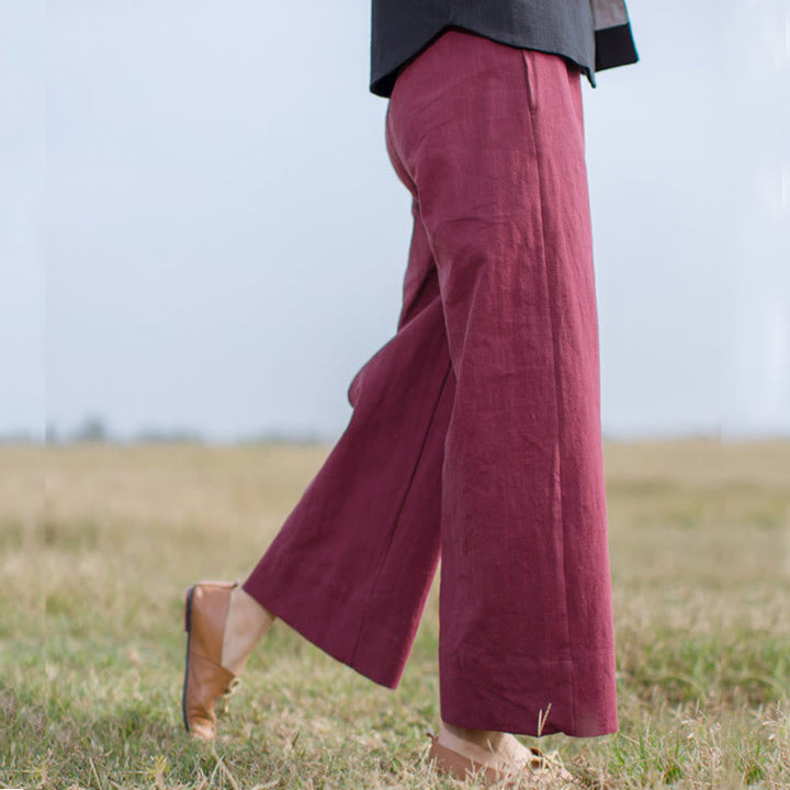 Buddha Stones Casual Plain Loose Women's Ramie Wide Leg Pants With Pockets