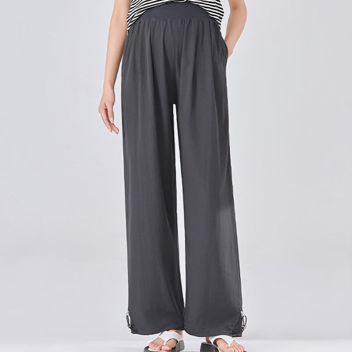 Buddha Stones Casual Plain Loose High elastic belly support Women's Viscose Wide Leg Pants With Pockets