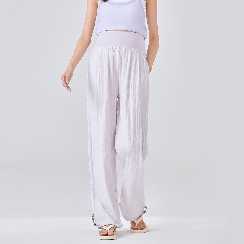 Buddha Stones Casual Plain Loose High elastic belly support Women's Viscose Wide Leg Pants With Pockets