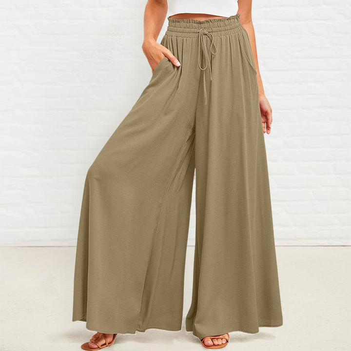 Buddha Stones Casual High Elastic Waist Plain Loose Women's Polyester Wide Leg Pants With Pockets