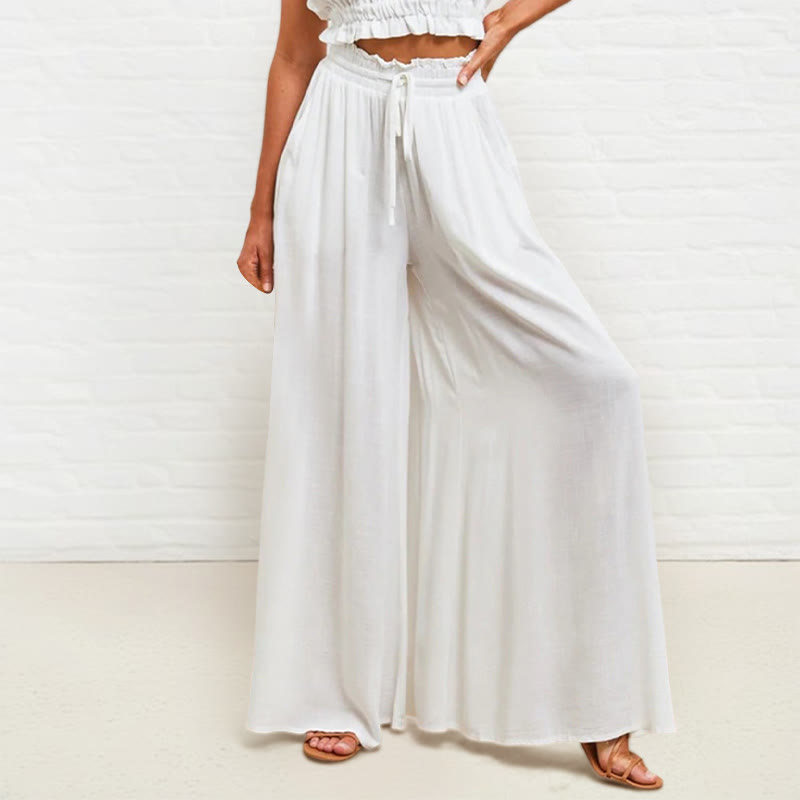 Buddha Stones Casual High Elastic Waist Plain Loose Women's Polyester Wide Leg Pants With Pockets - image 7