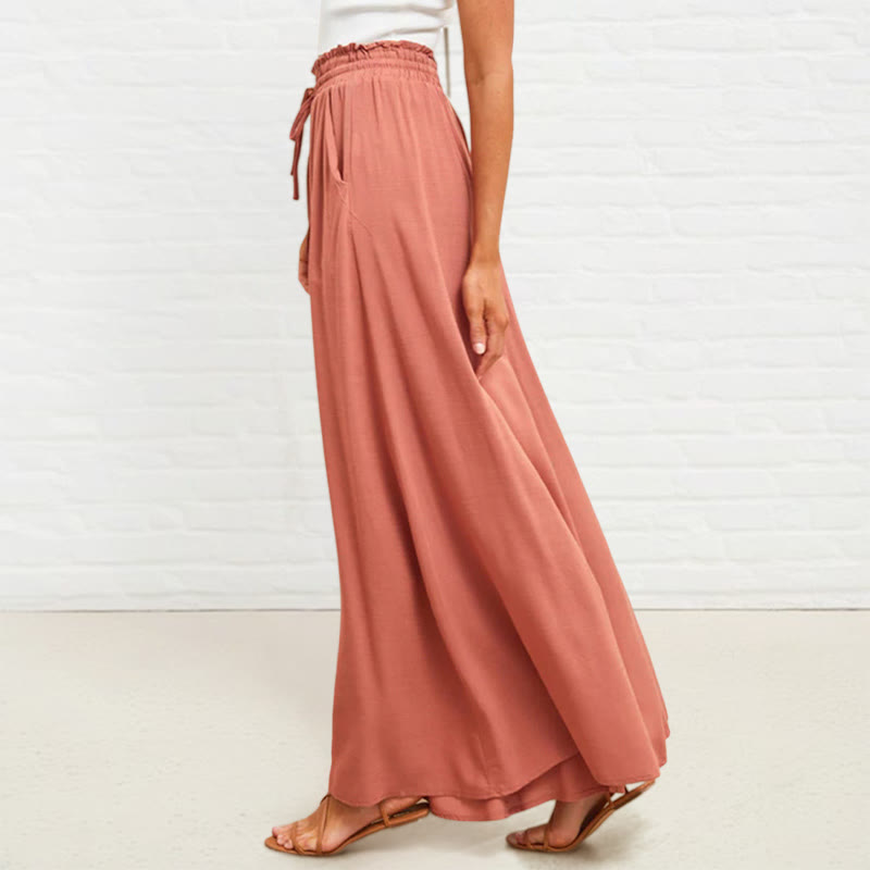 Buddha Stones Casual High Elastic Waist Plain Loose Women's Polyester Wide Leg Pants With Pockets