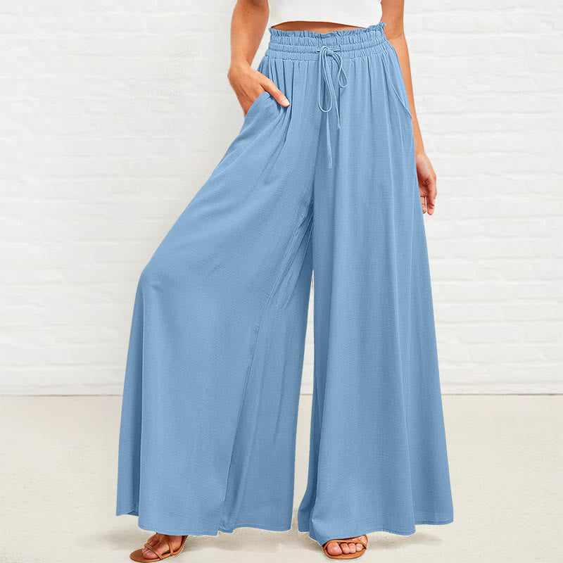 Buddha Stones Casual High Elastic Waist Plain Loose Women's Polyester Wide Leg Pants With Pockets