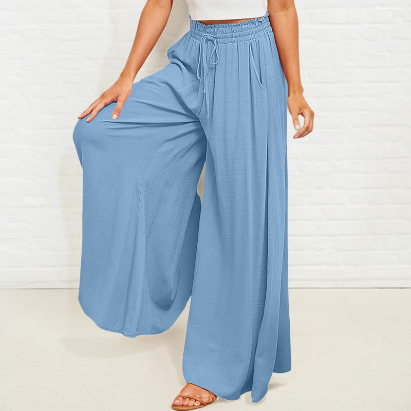 Buddha Stones Casual High Elastic Waist Plain Loose Women's Polyester Wide Leg Pants With Pockets - image 17