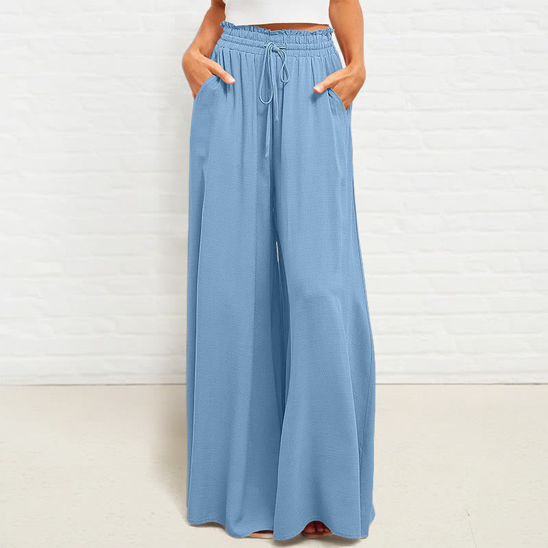 Buddha Stones Casual High Elastic Waist Plain Loose Women's Polyester Wide Leg Pants With Pockets