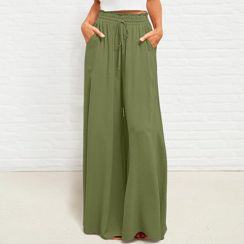 Buddha Stones Casual High Elastic Waist Plain Loose Women's Polyester Wide Leg Pants With Pockets