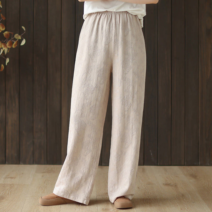 Buddha Stones Casual Loose Jacquard Women's Cotton Linen Wide Leg Pants With Pockets