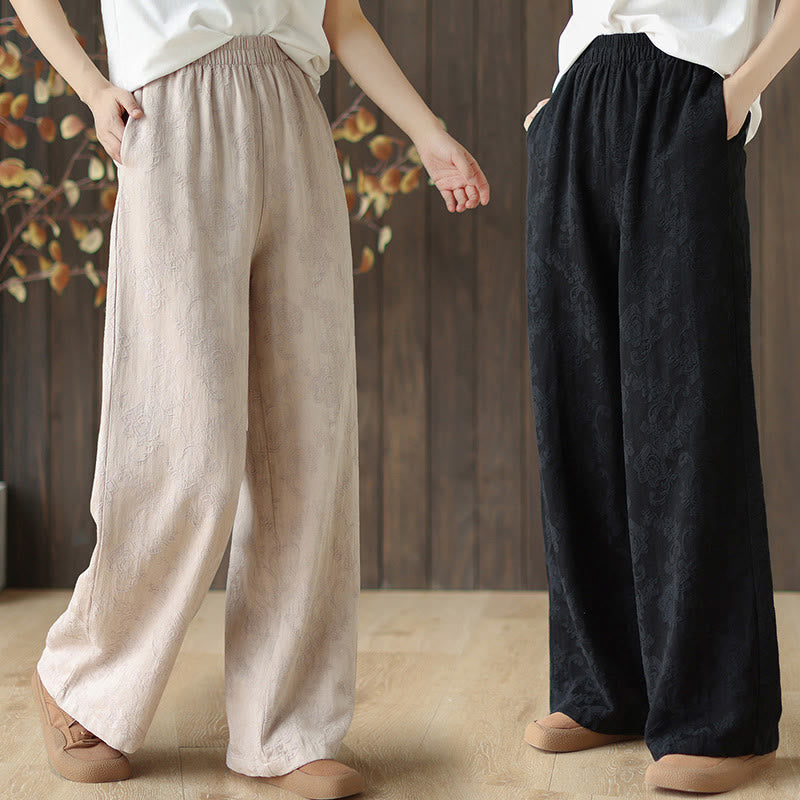 Buddha Stones Casual Loose Jacquard Women's Cotton Linen Wide Leg Pants With Pockets