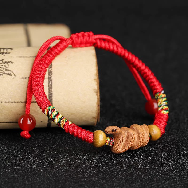 Buddha Stones Handmade Chinese Zodiac Red String Peach Wood Luck Bracelet