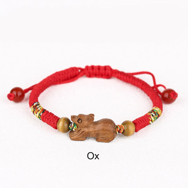 Buddha Stones Handmade Chinese Zodiac Red String Peach Wood Luck Bracelet