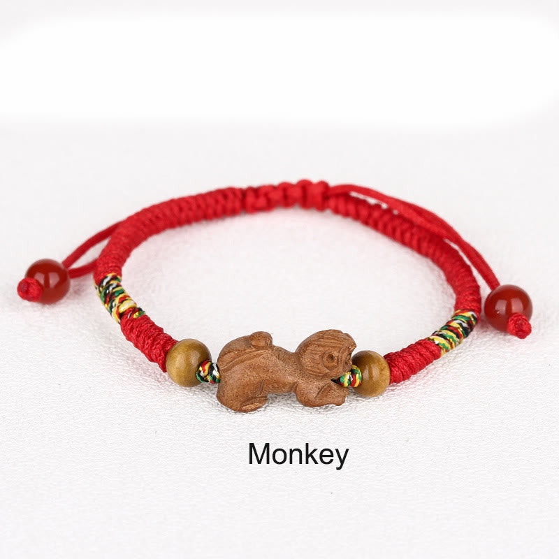 Buddha Stones Handmade Chinese Zodiac Red String Peach Wood Luck Bracelet