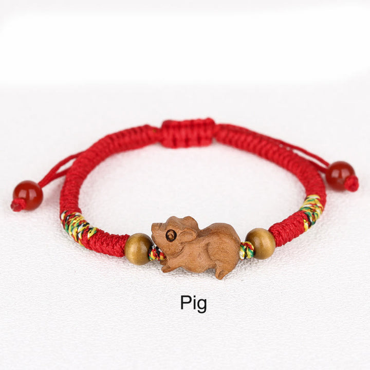 Buddha Stones Handmade Chinese Zodiac Red String Peach Wood Luck Bracelet