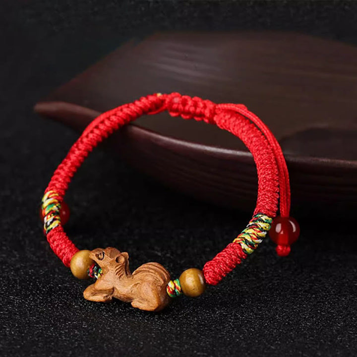 Buddha Stones Handmade Chinese Zodiac Red String Peach Wood Luck Bracelet