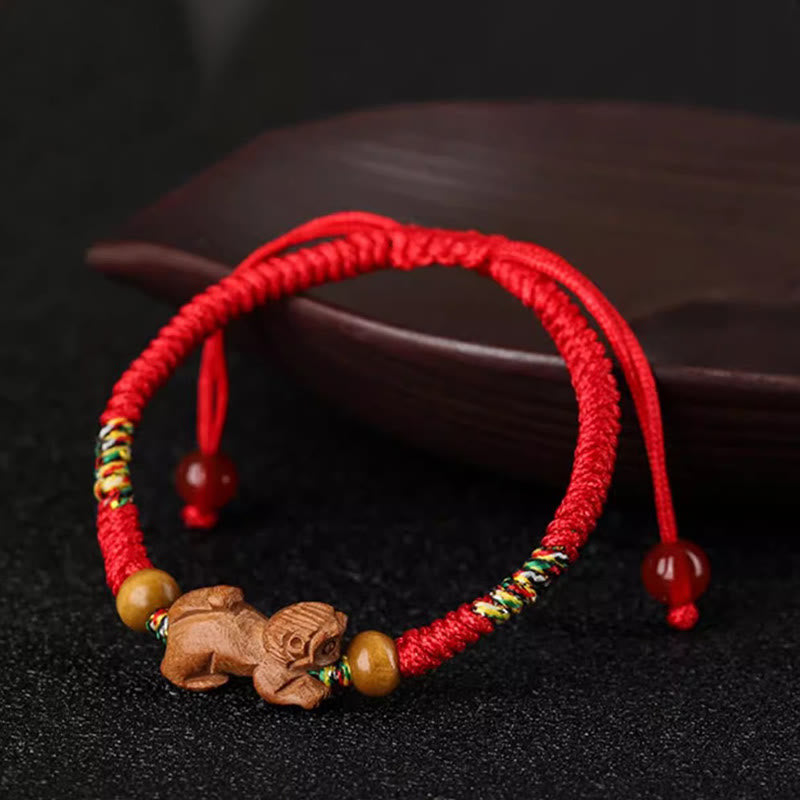 Buddha Stones Handmade Chinese Zodiac Red String Peach Wood Luck Bracelet