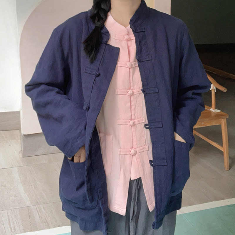 Buddha Stones Solid Color Frog-button Long Sleeve Cotton Linen Women's Shirts With Pockets - image 19