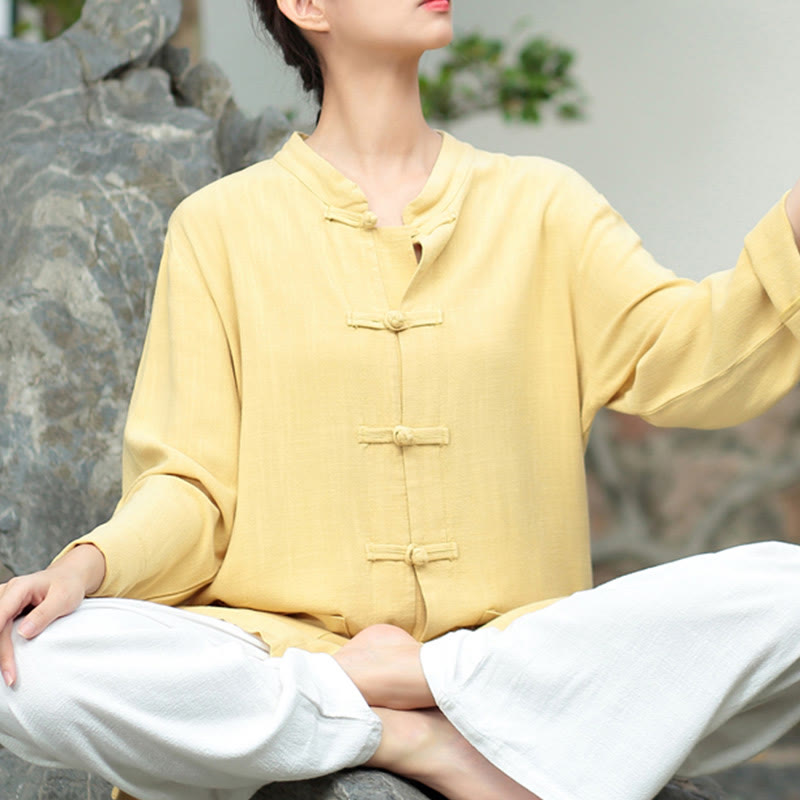 Buddha Stones Solid Color Frog-button Long Sleeve Cotton Linen Women's Shirts With Pockets - Khaki - US6，UK/AU10，EU38 (XL) - image 14