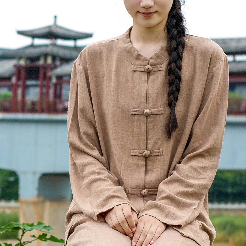 Buddha Stones Solid Color Frog-button Long Sleeve Cotton Linen Women's Shirts With Pockets - image 22
