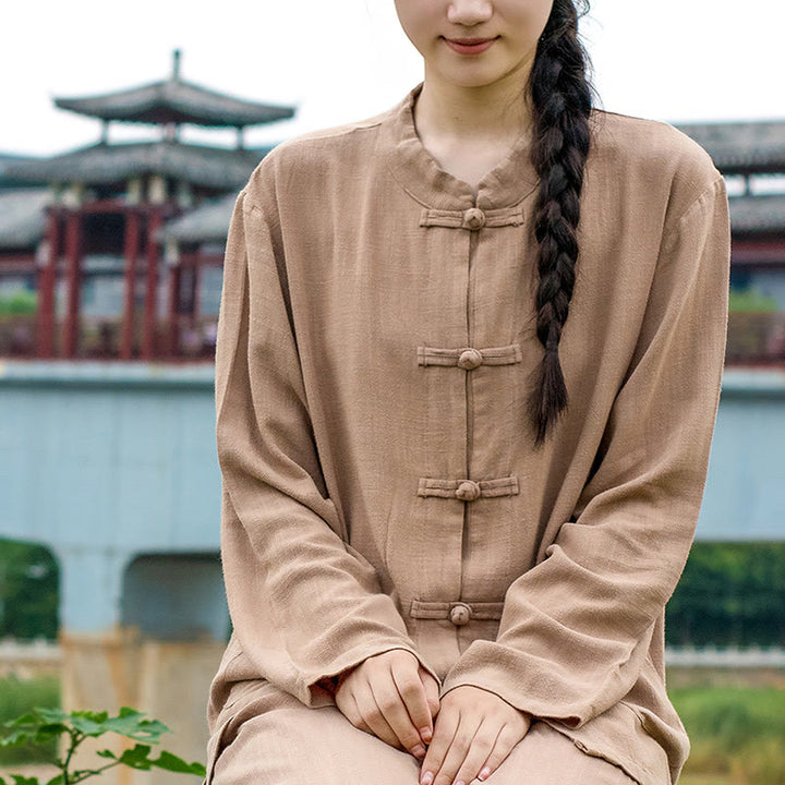 Buddha Stones Solid Color Frog-button Long Sleeve Cotton Linen Women's Shirts With Pockets - image 22