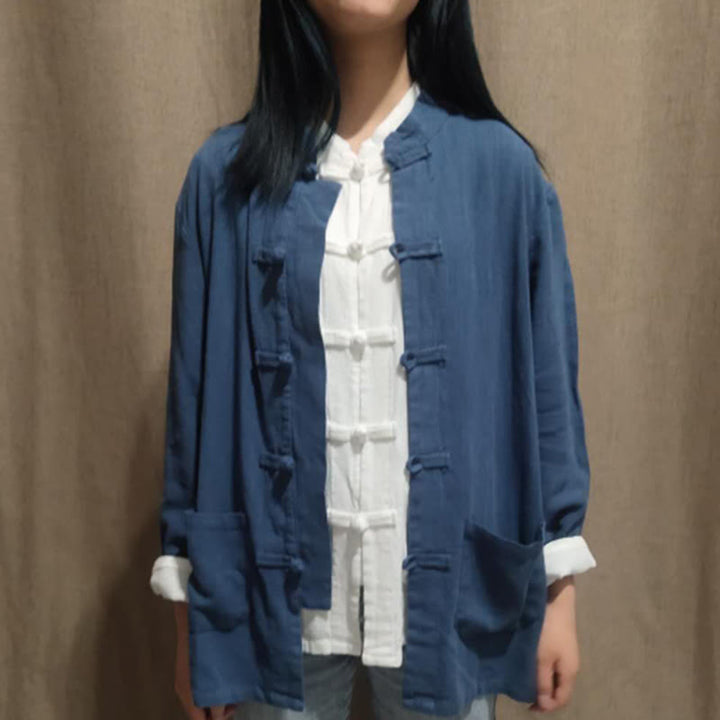 Buddha Stones Solid Color Frog-button Long Sleeve Cotton Linen Women's Shirts With Pockets - DarkSlateBlue - US8-10，UK/AU12-14，EU40-42 (XL) - image 9