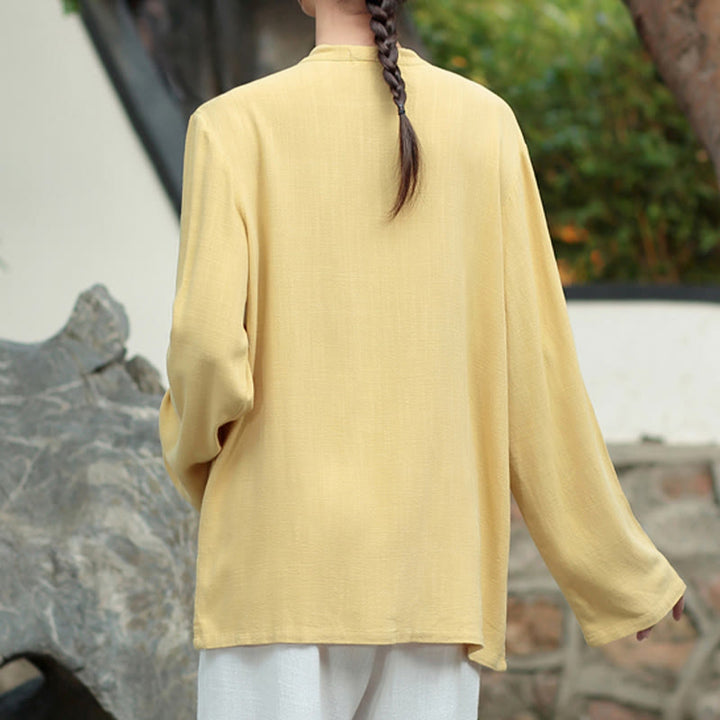 Buddha Stones Solid Color Frog-button Long Sleeve Cotton Linen Women's Shirts With Pockets - image 16