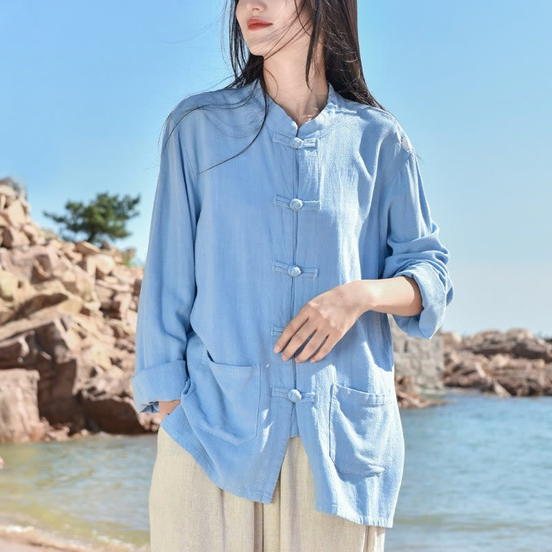 Buddha Stones Solid Color Frog-button Long Sleeve Cotton Linen Women's Shirts With Pockets - image 8