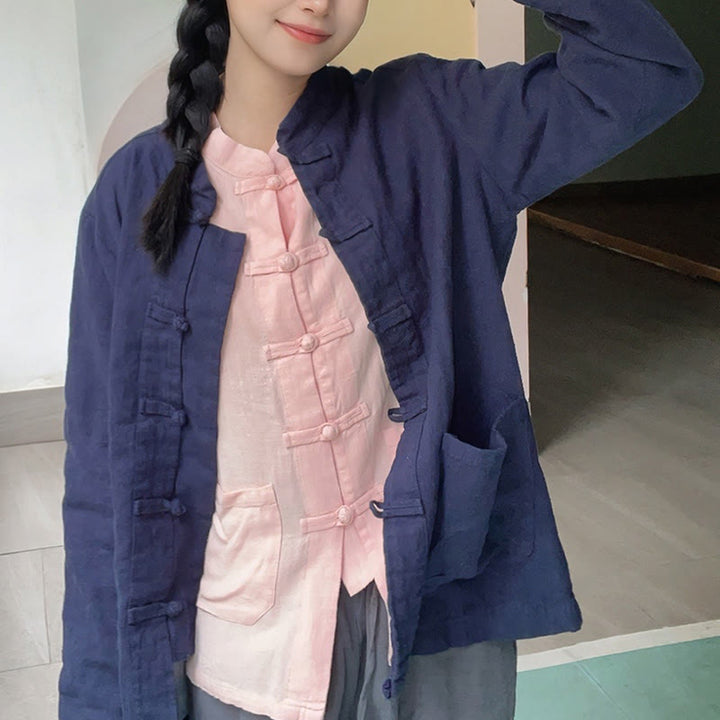 Buddha Stones Solid Color Frog-button Long Sleeve Cotton Linen Women's Shirts With Pockets - image 18