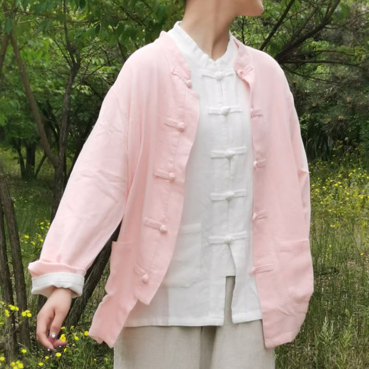 Buddha Stones Solid Color Frog-button Long Sleeve Cotton Linen Women's Shirts With Pockets - Pink - US8-10，UK/AU12-14，EU40-42 (XL) - image 16