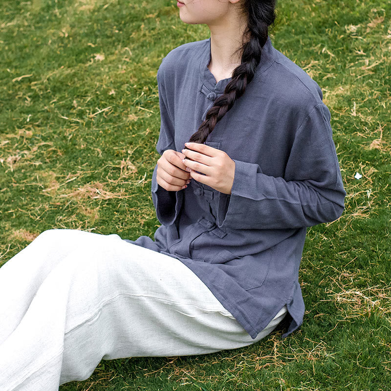 Buddha Stones Solid Color Frog-button Long Sleeve Cotton Linen Women's Shirts With Pockets - image 26