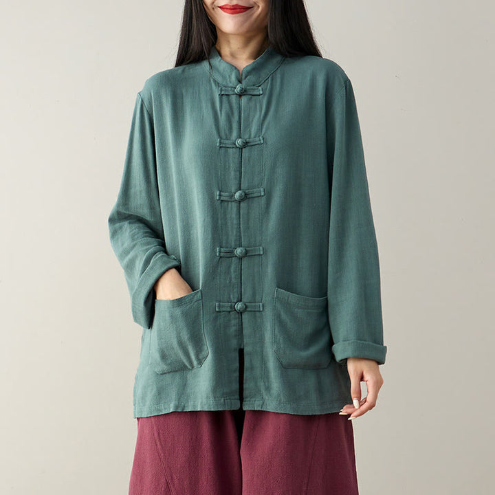 Buddha Stones Solid Color Frog-button Long Sleeve Cotton Linen Women's Shirts With Pockets