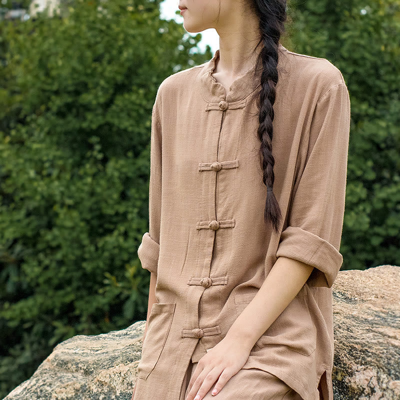 Buddha Stones Solid Color Frog-button Long Sleeve Cotton Linen Women's Shirts With Pockets - image 23