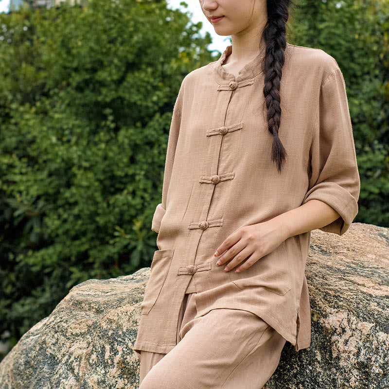 Buddha Stones Solid Color Frog-button Long Sleeve Cotton Linen Women's Shirts With Pockets - image 22