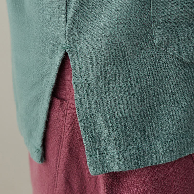 Buddha Stones Solid Color Frog-button Long Sleeve Cotton Linen Women's Shirts With Pockets - image 13