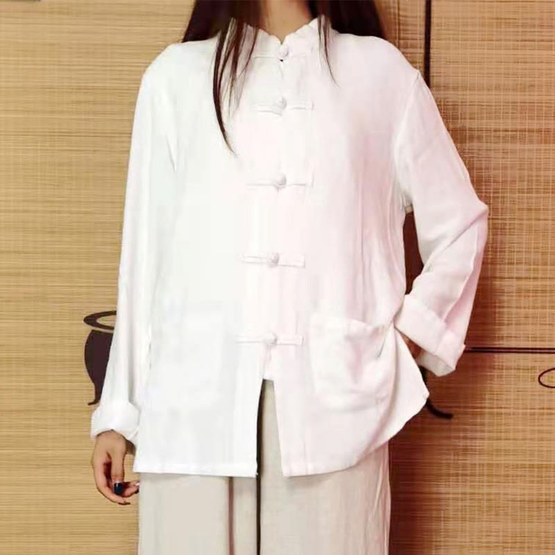 Buddha Stones Solid Color Frog-button Long Sleeve Cotton Linen Women's Shirts With Pockets - image 2