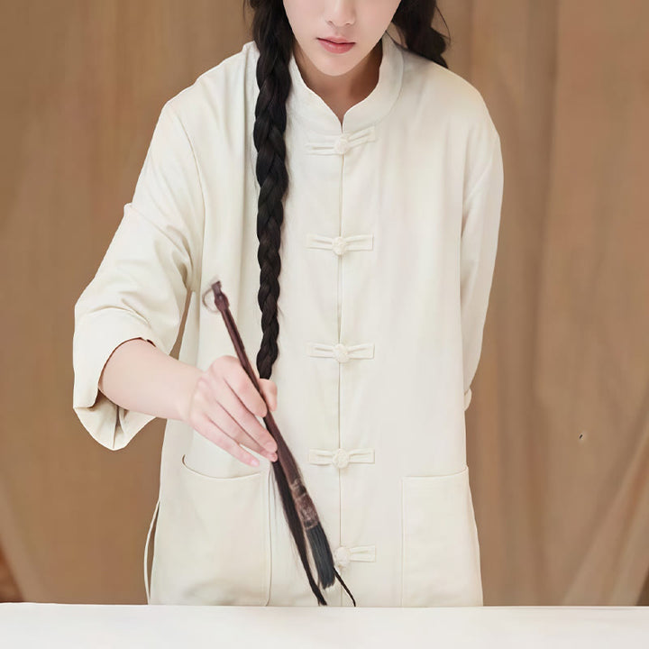 Buddha Stones Solid Color Frog-button Long Sleeve Cotton Linen Women's Shirts With Pockets - image 3