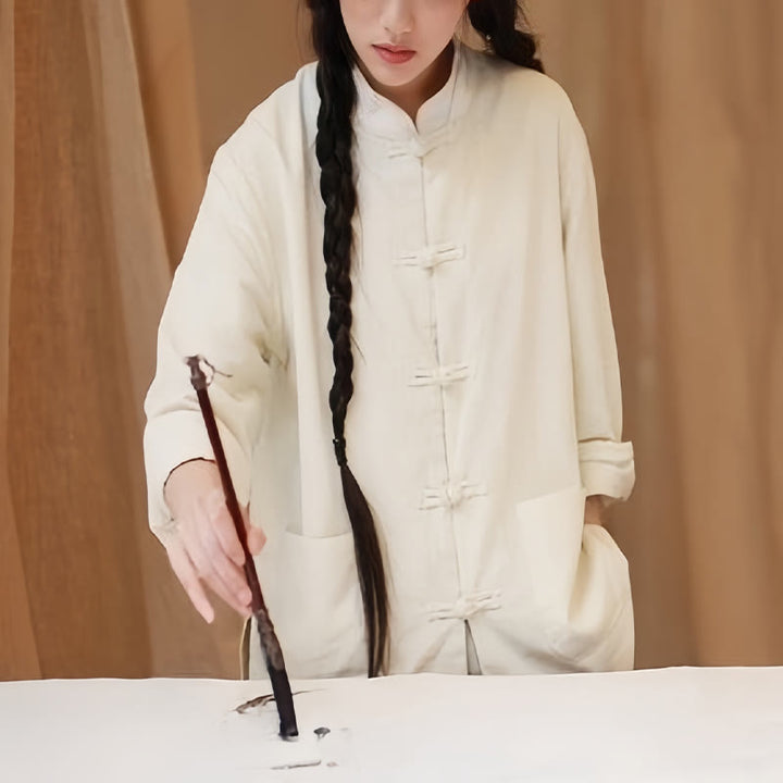 Buddha Stones Solid Color Frog-button Long Sleeve Cotton Linen Women's Shirts With Pockets - image 4