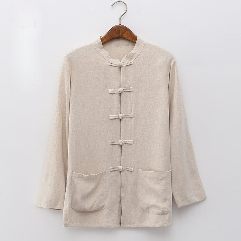 Buddha Stones Solid Color Frog-button Long Sleeve Cotton Linen Women's Shirts With Pockets - OldLace - US6，UK/AU10，EU38 (XL) - image 3