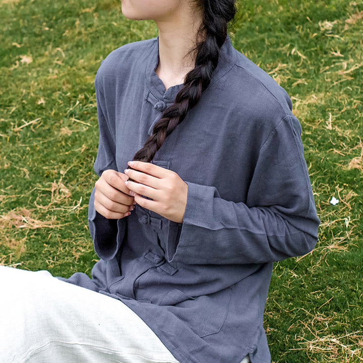 Buddha Stones Solid Color Frog-button Long Sleeve Cotton Linen Women's Shirts With Pockets - LightSteelBlue - US8-10，UK/AU12-14，EU40-42 (XL) - image 24