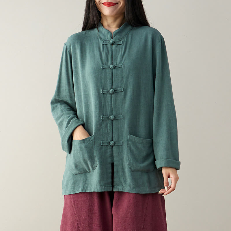 Buddha Stones Solid Color Frog-button Long Sleeve Cotton Linen Women's Shirts With Pockets - image 12