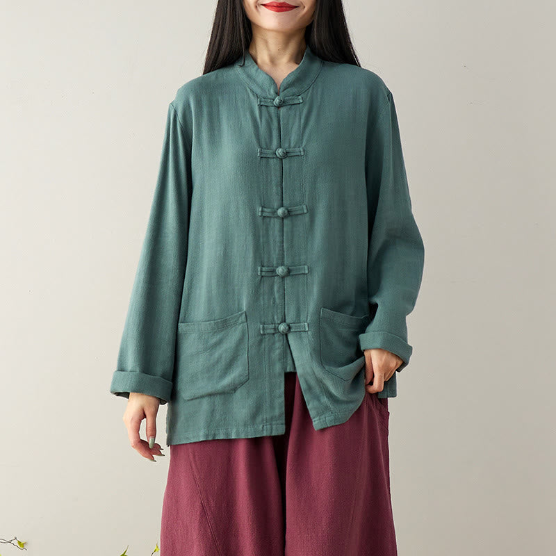 Buddha Stones Solid Color Frog-button Long Sleeve Cotton Linen Women's Shirts With Pockets - CadetBlue - US6，UK/AU10，EU38 (XL) - image 11