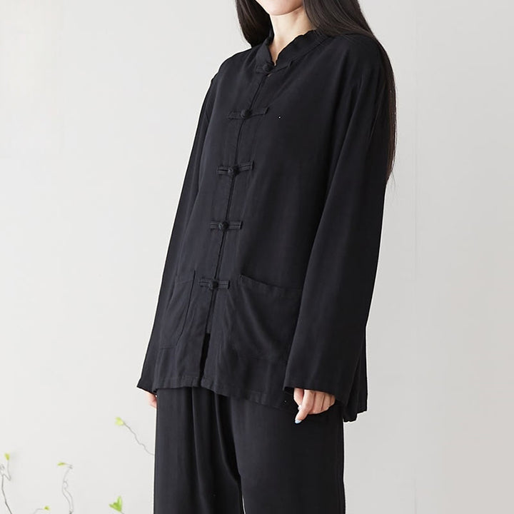 Buddha Stones Solid Color Frog-button Long Sleeve Cotton Linen Women's Shirts With Pockets - Black - US6，UK/AU10，EU38 (XL) - image 6