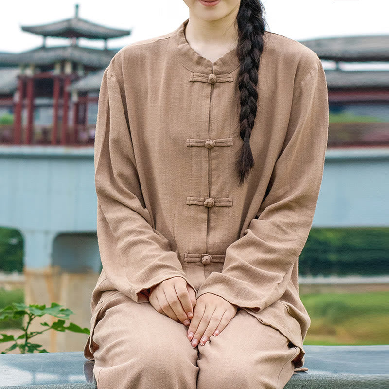 Buddha Stones Solid Color Frog-button Long Sleeve Cotton Linen Women's Shirts With Pockets - BurlyWood - US6，UK/AU10，EU38 (XL) - image 21