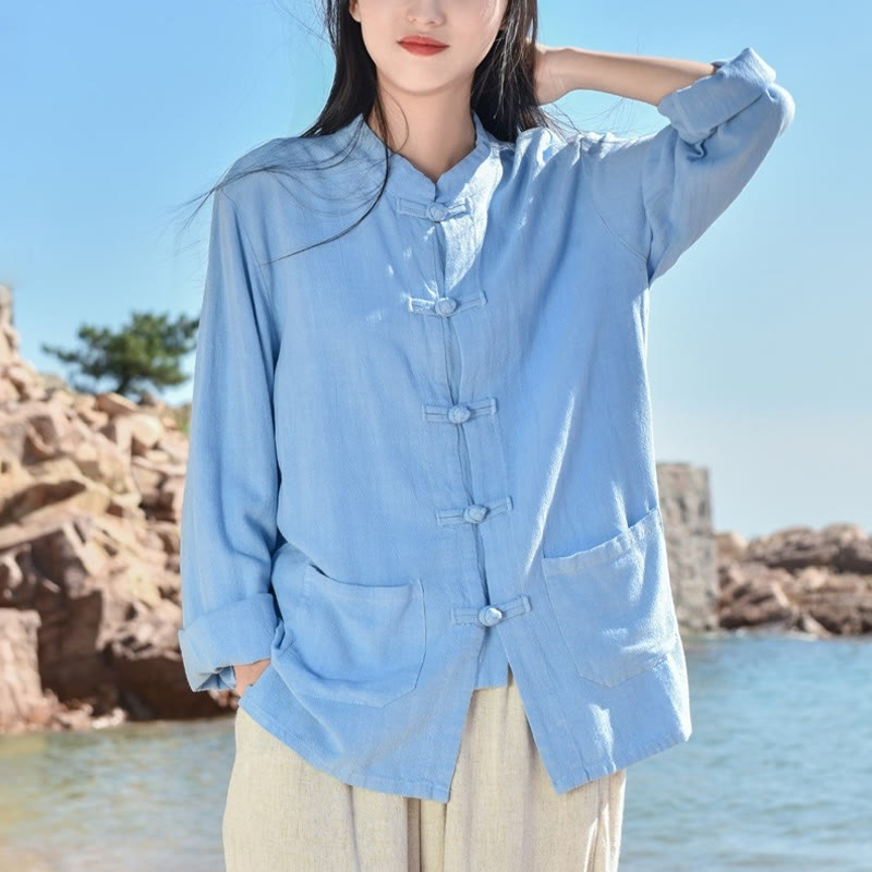 Buddha Stones Solid Color Frog-button Long Sleeve Cotton Linen Women's Shirts With Pockets - LightSkyBlue - US6，UK/AU10，EU38 (XL) - image 7
