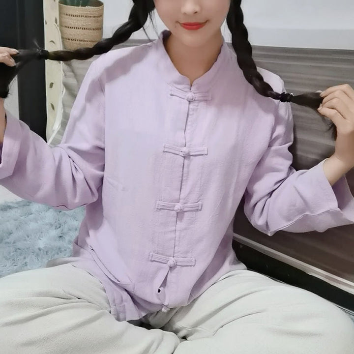 Buddha Stones Solid Color Frog-button Long Sleeve Cotton Linen Women's Shirts With Pockets - Thistle - US8-10，UK/AU12-14，EU40-42 (XL) - image 8