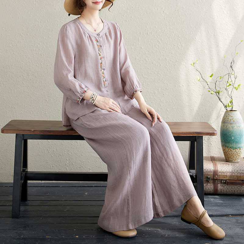 Buddha Stones 2Pcs Cotton Embroidery Flowers Shirt Top Pants Meditation Zen Tai Chi Clothing Women's Set - image 1