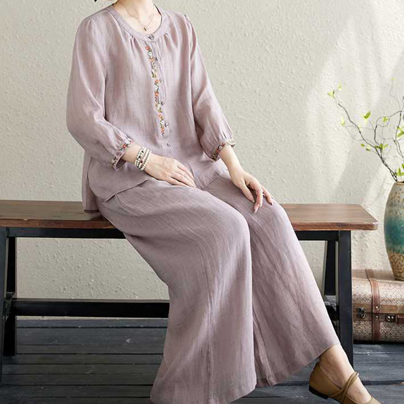 Buddha Stones 2Pcs Cotton Embroidery Flowers Shirt Top Pants Meditation Zen Tai Chi Clothing Women's Set - image 9